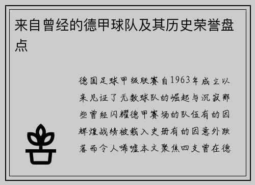 来自曾经的德甲球队及其历史荣誉盘点